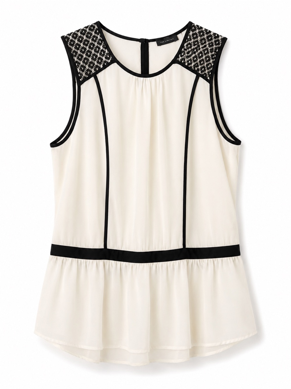 The Limited Ivory & Black Lace Trim Sleeveless Peplum Blouse Size XL